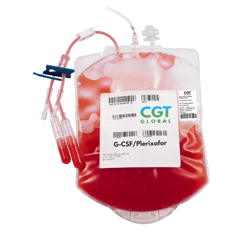 Mobilized leukopak collected through donor apheresis after G-CSF and plerixafor stimulation, showing high CD34+ stem cell yield for advanced cell and gene therapy research.